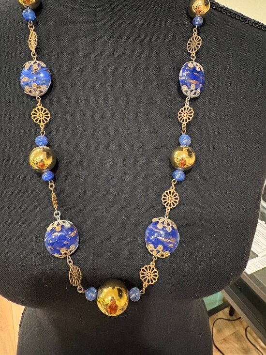 Jewelry - 1930's Foiled Italian Art Glass and Brass Necklace